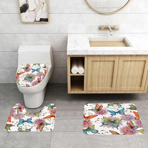 QRFASFZO 3 Stück Badematten und WC Vorleger Microfaser Weiches Badteppich badvorleger rutschfest Waschbar Badezimmerteppich Set,Reihe von bunten Schmetterlingen, rosa Blumen, schaffen eine verträumt QRFASFZO 3 Stück Badematten und WC Vorleger Microfaser Weiches Badteppich badvorleger rutschfest Waschbar Badezimmerteppich Set,Reihe von bunten Schmetterlingen, rosa Blumen, schaffen eine verträumt von QRFASFZO
