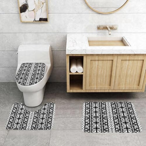 QRFASFZO 3 Stück Badematten und WC Vorleger Microfaser Weiches Badteppich badvorleger rutschfest Waschbar Badezimmerteppich Set,Retro, Ethno Boho Aztekenmuster in schwarz und weiß mit Western Nati1 von QRFASFZO