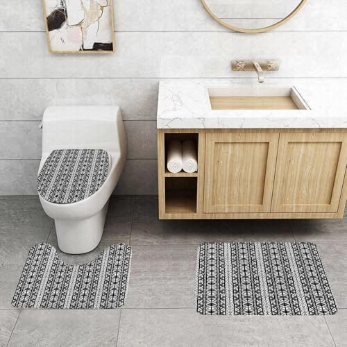QRFASFZO 3 Stück Badematten und WC Vorleger Microfaser Weiches Badteppich badvorleger rutschfest Waschbar Badezimmerteppich Set,Retro, Ethno Boho Aztekenmuster in schwarz-weiß mit Western NATI von QRFASFZO