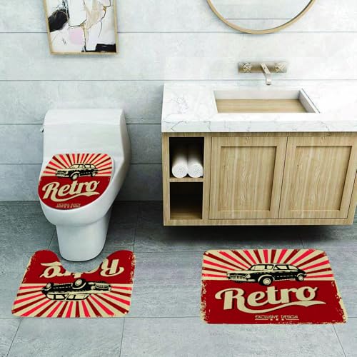 QRFASFZO 3 Stück Badematten und WC Vorleger Microfaser Weiches Badteppich badvorleger rutschfest Waschbar Badezimmerteppich Set,Retro-Autoplakat, EIN schwarz-weißes Auto im Retro-Stil mit roter Stra von QRFASFZO