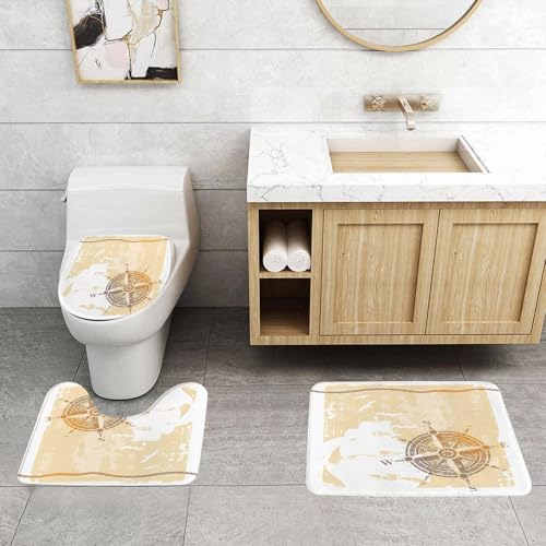 QRFASFZO 3 Stück Badematten und WC Vorleger Microfaser Weiches Badteppich badvorleger rutschfest Waschbar Badezimmerteppich Set,Retro-Maritime Illustration Möwen, Schiffssilhouette und EIN verzierte von QRFASFZO