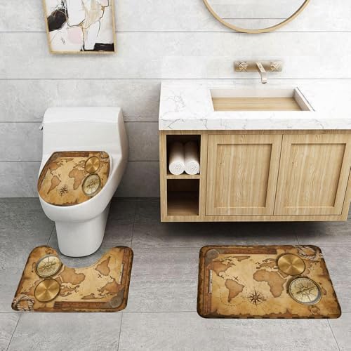 QRFASFZO 3 Stück Badematten und WC Vorleger Microfaser Weiches Badteppich badvorleger rutschfest Waschbar Badezimmerteppich Set,Retro-Schatzkarte mit Seil und altem Messingkompass, Kompass und Werkz von QRFASFZO