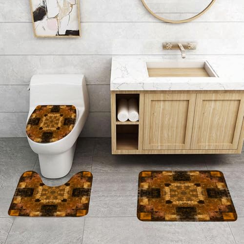 QRFASFZO 3 Stück Badematten und WC Vorleger Microfaser Weiches Badteppich badvorleger rutschfest Waschbar Badezimmerteppich Set,Retro braunes geometrisches Muster mit künstlerischer östlicher ethnis von QRFASFZO