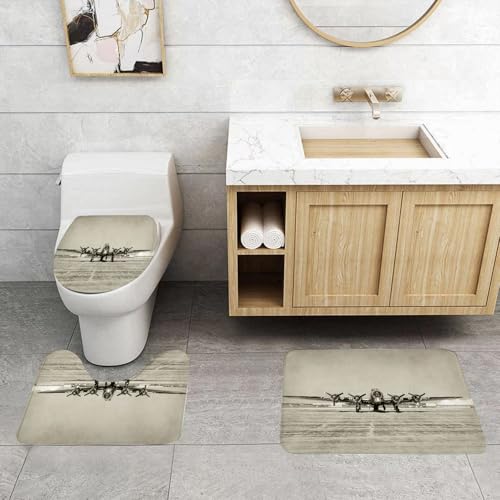 QRFASFZO 3 Stück Badematten und WC Vorleger Microfaser Weiches Badteppich badvorleger rutschfest Waschbar Badezimmerteppich Set,Retro-tärflugzeuge, EIN Schwarz-Weiß-Porträt, das die Erhabenheit eine von QRFASFZO