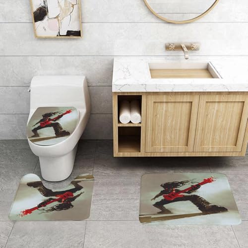 QRFASFZO 3 Stück Badematten und WC Vorleger Microfaser Weiches Badteppich badvorleger rutschfest Waschbar Badezimmerteppich Set,Rocker-Gitarrist spielt rote Gitarre Illustration Digitale Malerei von QRFASFZO