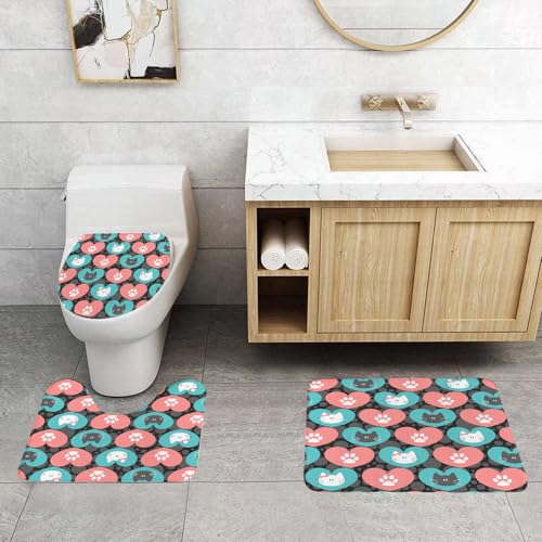QRFASFZO 3 Stück Badematten und WC Vorleger Microfaser Weiches Badteppich badvorleger rutschfest Waschbar Badezimmerteppich Set,Romantisches nahtloses Muster mit Herzen und Kätzchen QRFASFZO 3 Stück Badematten und WC Vorleger Microfaser Weiches Badteppich badvorleger rutschfest Waschbar Badezimmerteppich Set,Romantisches nahtloses Muster mit Herzen und Kätzchen von QRFASFZO