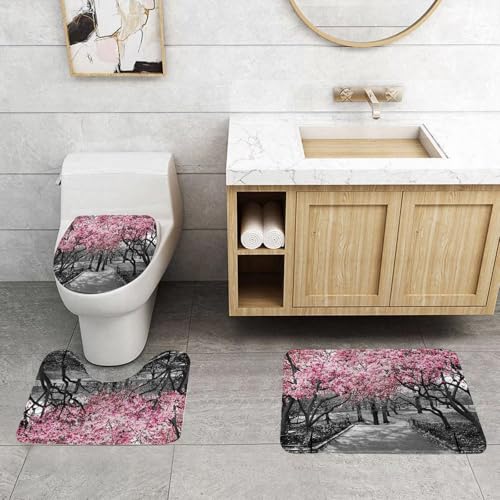 QRFASFZO 3 Stück Badematten und WC Vorleger Microfaser Weiches Badteppich badvorleger rutschfest Waschbar Badezimmerteppich Set,Rosa Blüten im Central Park Schwarz-Weiß-Landschaft New York City von QRFASFZO