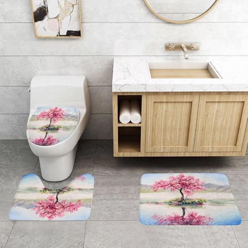 QRFASFZO 3 Stück Badematten und WC Vorleger Microfaser Weiches Badteppich badvorleger rutschfest Waschbar Badezimmerteppich Set,Rosa Blumenbaum, blühende japanische Kirsche Sakura auf dem See, weich QRFASFZO 3 Stück Badematten und WC Vorleger Microfaser Weiches Badteppich badvorleger rutschfest Waschbar Badezimmerteppich Set,Rosa Blumenbaum, blühende japanische Kirsche Sakura auf dem See, weich von QRFASFZO