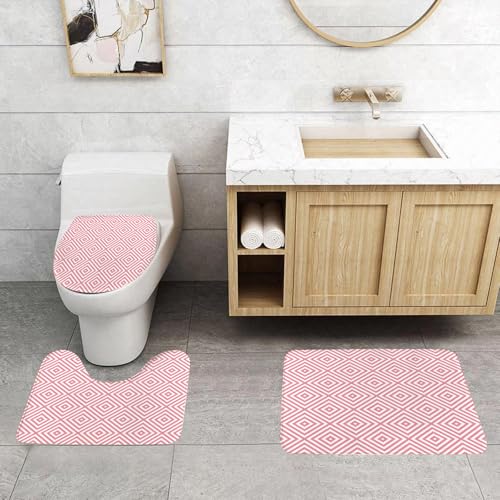 QRFASFZO 3 Stück Badematten und WC Vorleger Microfaser Weiches Badteppich badvorleger rutschfest Waschbar Badezimmerteppich Set,Rosa Dekor, Mosaikfliesen erscheinen rosa Farbe quadratische Formen mi von QRFASFZO