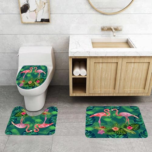QRFASFZO 3 Stück Badematten und WC Vorleger Microfaser Weiches Badteppich badvorleger rutschfest Waschbar Badezimmerteppich Set,Rosa Flamingo-Vogelpaar. Leuchtende Kamelienblüten. Grüne Blätter des QRFASFZO 3 Stück Badematten und WC Vorleger Microfaser Weiches Badteppich badvorleger rutschfest Waschbar Badezimmerteppich Set,Rosa Flamingo-Vogelpaar. Leuchtende Kamelienblüten. Grüne Blätter des von QRFASFZO