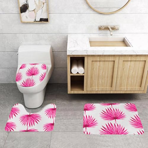QRFASFZO 3 Stück Badematten und WC Vorleger Microfaser Weiches Badteppich badvorleger rutschfest Waschbar Badezimmerteppich Set,Rosa Palmblattmuster, Wiederholungsdesign des rosa Palmblattmusters au QRFASFZO 3 Stück Badematten und WC Vorleger Microfaser Weiches Badteppich badvorleger rutschfest Waschbar Badezimmerteppich Set,Rosa Palmblattmuster, Wiederholungsdesign des rosa Palmblattmusters au von QRFASFZO