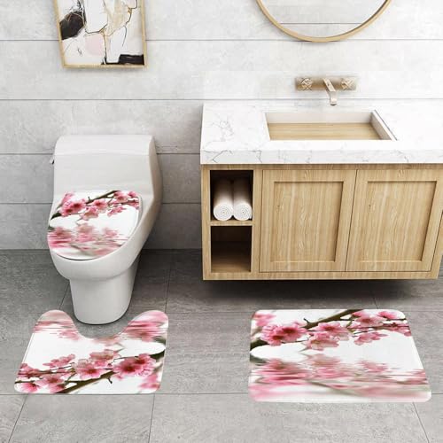 QRFASFZO 3 Stück Badematten und WC Vorleger Microfaser Weiches Badteppich badvorleger rutschfest Waschbar Badezimmerteppich Set,Rosa Pfirsichblüten, Elegantes Bild von Pfirsichblüten, Wasserreflexio von QRFASFZO