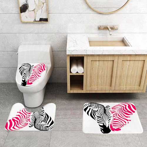 QRFASFZO 3 Stück Badematten und WC Vorleger Microfaser Weiches Badteppich badvorleger rutschfest Waschbar Badezimmerteppich Set,Rosa Zebra, afrikanische Zebrapaarköpfe in Herzform, Liebeshochzeit von QRFASFZO