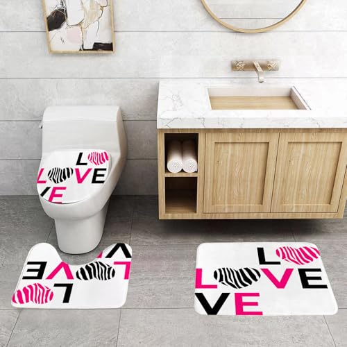 QRFASFZO 3 Stück Badematten und WC Vorleger Microfaser Weiches Badteppich badvorleger rutschfest Waschbar Badezimmerteppich Set,Rosa Zebra, ich Liebe Dich Kalligraphie Zebra Streifen Herzen Valentin von QRFASFZO