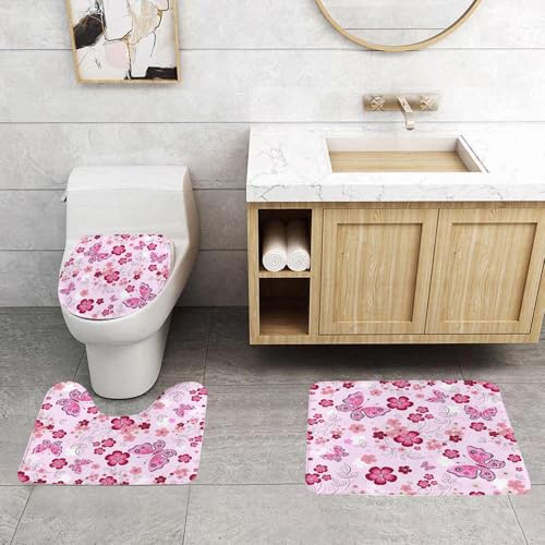 QRFASFZO 3 Stück Badematten und WC Vorleger Microfaser Weiches Badteppich badvorleger rutschfest Waschbar Badezimmerteppich Set,Rosa nahtloses Blumenmuster mit Blumen und Schmetterlingen von QRFASFZO