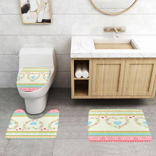 QRFASFZO 3 Stück Badematten und WC Vorleger Microfaser Weiches Badteppich badvorleger rutschfest Waschbar Badezimmerteppich Set,Rosenschmetterlinge und Streifen, Bezaubernde Blumen und kten, Rosen, von QRFASFZO