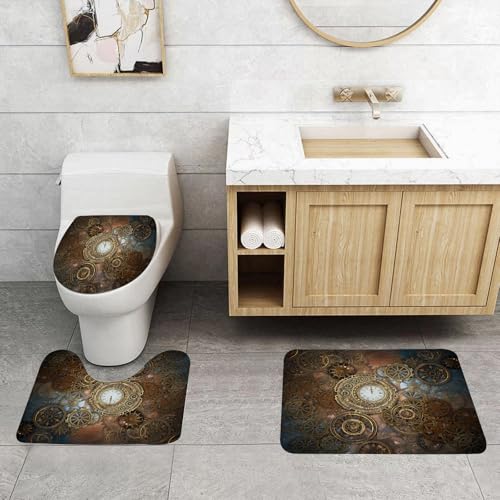QRFASFZO 3 Stück Badematten und WC Vorleger Microfaser Weiches Badteppich badvorleger rutschfest Waschbar Badezimmerteppich Set,Rostiger Steampunk-Hintergrund mit Uhr und verschiedenen Zahnrädern - von QRFASFZO