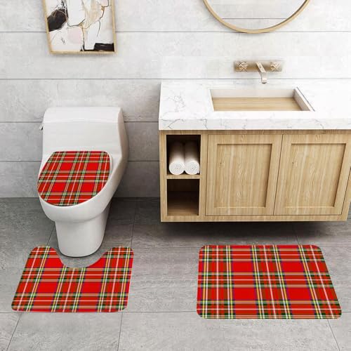 QRFASFZO 3 Stück Badematten und WC Vorleger Microfaser Weiches Badteppich badvorleger rutschfest Waschbar Badezimmerteppich Set,Rot Karierter, von der europäischen westlichen Kultur inspirierter abs von QRFASFZO
