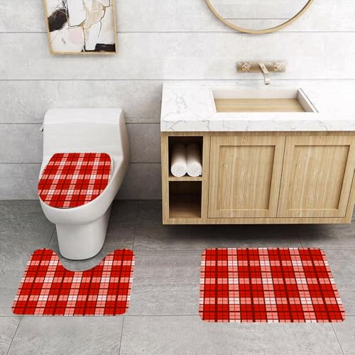 QRFASFZO 3 Stück Badematten und WC Vorleger Microfaser Weiches Badteppich badvorleger rutschfest Waschbar Badezimmerteppich Set,Rot - Thema geometrisches Musterdesign, Rot- und Rosatöne, Modedesign QRFASFZO 3 Stück Badematten und WC Vorleger Microfaser Weiches Badteppich badvorleger rutschfest Waschbar Badezimmerteppich Set,Rot - Thema geometrisches Musterdesign, Rot- und Rosatöne, Modedesign von QRFASFZO
