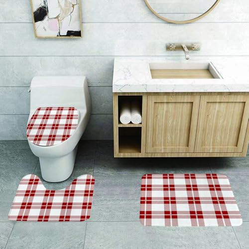 QRFASFZO 3 Stück Badematten und WC Vorleger Microfaser Weiches Badteppich badvorleger rutschfest Waschbar Badezimmerteppich Set,Rot kariert, Karierte Quadrate und Streifen, abstrakte geometrische An QRFASFZO 3 Stück Badematten und WC Vorleger Microfaser Weiches Badteppich badvorleger rutschfest Waschbar Badezimmerteppich Set,Rot kariert, Karierte Quadrate und Streifen, abstrakte geometrische An von QRFASFZO