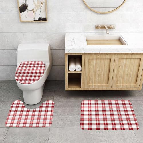 QRFASFZO 3 Stück Badematten und WC Vorleger Microfaser Weiches Badteppich badvorleger rutschfest Waschbar Badezimmerteppich Set,Rot kariert, Karierte Quadrate und Streifen, abstrakte geometrische An QRFASFZO 3 Stück Badematten und WC Vorleger Microfaser Weiches Badteppich badvorleger rutschfest Waschbar Badezimmerteppich Set,Rot kariert, Karierte Quadrate und Streifen, abstrakte geometrische An von QRFASFZO