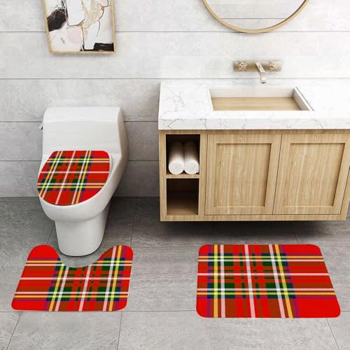 QRFASFZO 3 Stück Badematten und WC Vorleger Microfaser Weiches Badteppich badvorleger rutschfest Waschbar Badezimmerteppich Set,Rot kariert, europäische westliche Kultur inspiriert abstrakten tar1 von QRFASFZO