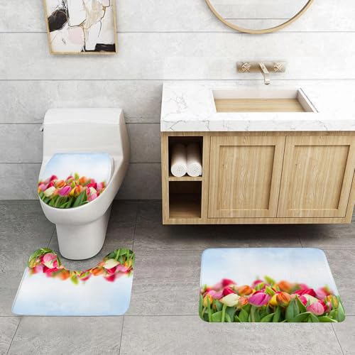 QRFASFZO 3 Stück Badematten und WC Vorleger Microfaser Weiches Badteppich badvorleger rutschfest Waschbar Badezimmerteppich Set,Rot violett und gelb frische Tulpenblüten Grenze über blau grau defoku QRFASFZO 3 Stück Badematten und WC Vorleger Microfaser Weiches Badteppich badvorleger rutschfest Waschbar Badezimmerteppich Set,Rot violett und gelb frische Tulpenblüten Grenze über blau grau defoku von QRFASFZO