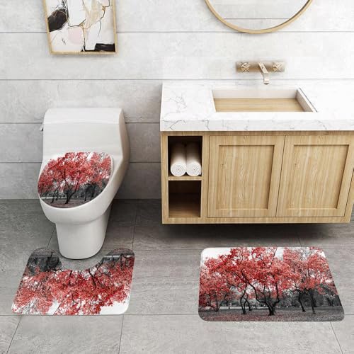 QRFASFZO 3 Stück Badematten und WC Vorleger Microfaser Weiches Badteppich badvorleger rutschfest Waschbar Badezimmerteppich Set,Rote Bäume in Einer surrealen schwarz-weißen Waldlandschaft im Central von QRFASFZO