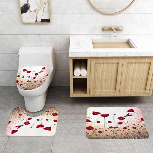 QRFASFZO 3 Stück Badematten und WC Vorleger Microfaser Weiches Badteppich badvorleger rutschfest Waschbar Badezimmerteppich Set,Rote Blumen Eindruck ölgemälde Kreative Kunst acryl handgemalte hinter von QRFASFZO