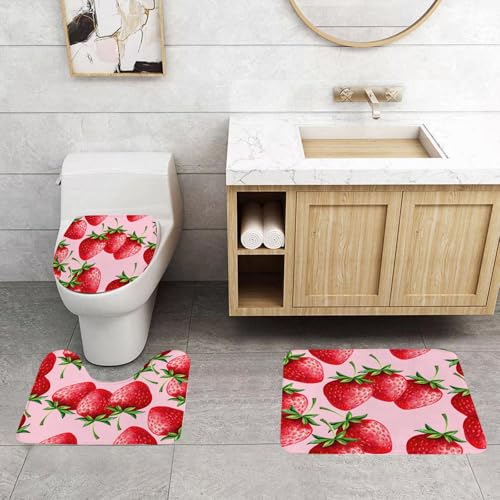 QRFASFZO 3 Stück Badematten und WC Vorleger Microfaser Weiches Badteppich badvorleger rutschfest Waschbar Badezimmerteppich Set,Rote köstliche große Erdbeeren auf rosa Hintergrund lecker saftig süß QRFASFZO 3 Stück Badematten und WC Vorleger Microfaser Weiches Badteppich badvorleger rutschfest Waschbar Badezimmerteppich Set,Rote köstliche große Erdbeeren auf rosa Hintergrund lecker saftig süß von QRFASFZO
