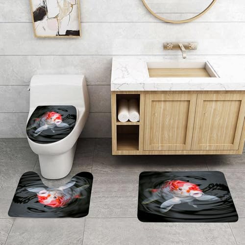 QRFASFZO 3 Stück Badematten und WC Vorleger Microfaser Weiches Badteppich badvorleger rutschfest Waschbar Badezimmerteppich Set,Roter Fisch Japan Koi-Karpfen im Teich Ammoniak Ammonium Zucht Kohlenh von QRFASFZO