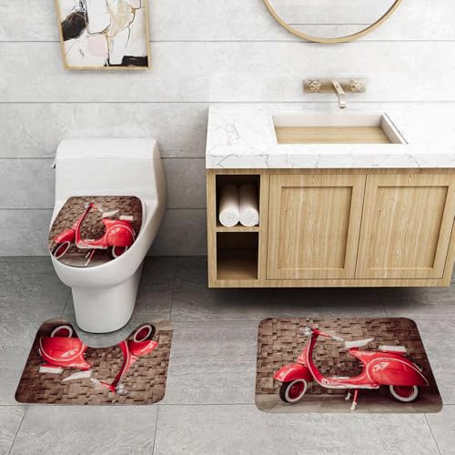 QRFASFZO 3 Stück Badematten und WC Vorleger Microfaser Weiches Badteppich badvorleger rutschfest Waschbar Badezimmerteppich Set,Rotes Oldtimer-Motorrad QRFASFZO 3 Stück Badematten und WC Vorleger Microfaser Weiches Badteppich badvorleger rutschfest Waschbar Badezimmerteppich Set,Rotes Oldtimer-Motorrad von QRFASFZO