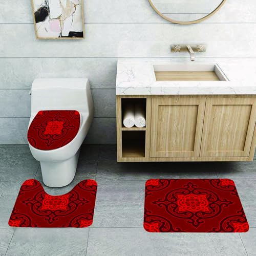QRFASFZO 3 Stück Badematten und WC Vorleger Microfaser Weiches Badteppich badvorleger rutschfest Waschbar Badezimmerteppich Set,Rotes dekoratives Muster, komplizierte Schnörkel und zentrale Florale QRFASFZO 3 Stück Badematten und WC Vorleger Microfaser Weiches Badteppich badvorleger rutschfest Waschbar Badezimmerteppich Set,Rotes dekoratives Muster, komplizierte Schnörkel und zentrale Florale von QRFASFZO