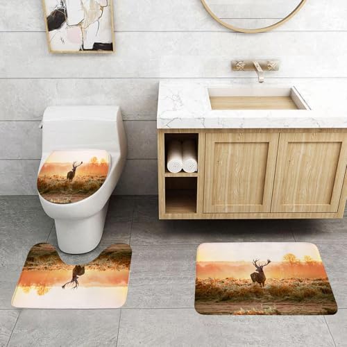 QRFASFZO 3 Stück Badematten und WC Vorleger Microfaser Weiches Badteppich badvorleger rutschfest Waschbar Badezimmerteppich Set,Rothirsch in der Morgensonne Natur Wilde Landschaft Ländlichen Feld He von QRFASFZO