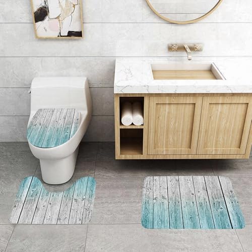 QRFASFZO 3 Stück Badematten und WC Vorleger Microfaser Weiches Badteppich badvorleger rutschfest Waschbar Badezimmerteppich Set,Rustikal, Holzpaneele Hintergrund mit digitalen getönten Effekt Bild v von QRFASFZO