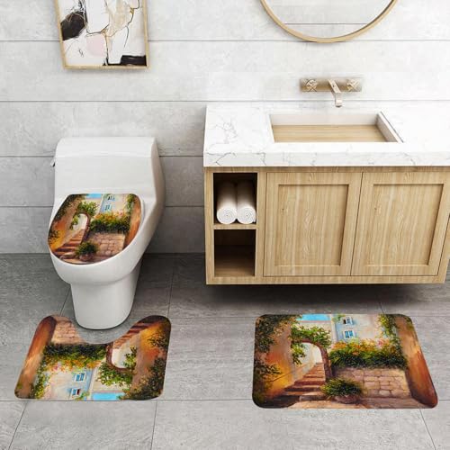 QRFASFZO 3 Stück Badematten und WC Vorleger Microfaser Weiches Badteppich badvorleger rutschfest Waschbar Badezimmerteppich Set,Rustikal, Steinstraßentor in Einer Altstadt mit blühenden Blumen Ölgem von QRFASFZO