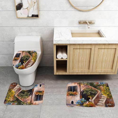 QRFASFZO 3 Stück Badematten und WC Vorleger Microfaser Weiches Badteppich badvorleger rutschfest Waschbar Badezimmerteppich Set,Rustikal, Terrasse Blumen und Garten Griechenland mit rustikalen Fenst QRFASFZO 3 Stück Badematten und WC Vorleger Microfaser Weiches Badteppich badvorleger rutschfest Waschbar Badezimmerteppich Set,Rustikal, Terrasse Blumen und Garten Griechenland mit rustikalen Fenst von QRFASFZO
