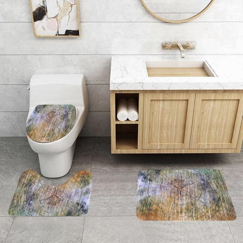 QRFASFZO 3 Stück Badematten und WC Vorleger Microfaser Weiches Badteppich badvorleger rutschfest Waschbar Badezimmerteppich Set,Rustikale Jahresringe aus Holz Wuchs verschmutzt innerer Baumkörper As von QRFASFZO