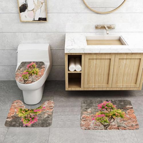 QRFASFZO 3 Stück Badematten und WC Vorleger Microfaser Weiches Badteppich badvorleger rutschfest Waschbar Badezimmerteppich Set,Rustikaler, Kleiner frischer Baum mit Fuchsienblüten vor dem Motiv der von QRFASFZO