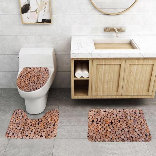 QRFASFZO 3 Stück Badematten und WC Vorleger Microfaser Weiches Badteppich badvorleger rutschfest Waschbar Badezimmerteppich Set,Rustikales Holz, Masse von Holzstämmen. Waldbaumökologie von QRFASFZO