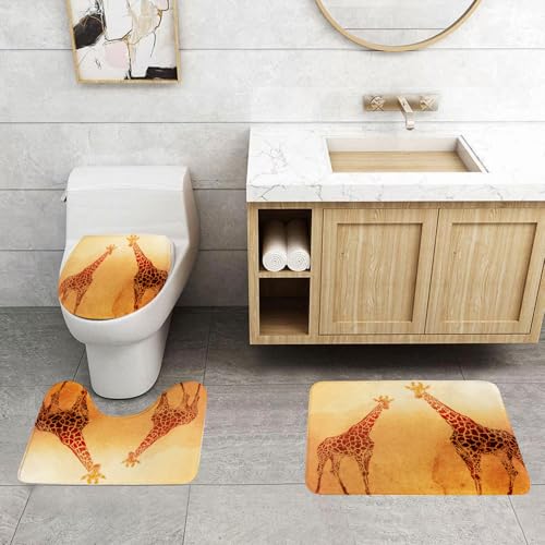 QRFASFZO 3 Stück Badematten und WC Vorleger Microfaser Weiches Badteppich badvorleger rutschfest Waschbar Badezimmerteppich Set,Safari, Illustration tropischer afrikanischer Giraffen, Säugetier mit von QRFASFZO