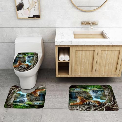 QRFASFZO 3 Stück Badematten und WC Vorleger Microfaser Weiches Badteppich badvorleger rutschfest Waschbar Badezimmerteppich Set,Safari-Dekor, Indochina-Tiger entspannt unter Banyan von QRFASFZO