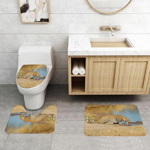QRFASFZO 3 Stück Badematten und WC Vorleger Microfaser Weiches Badteppich badvorleger rutschfest Waschbar Badezimmerteppich Set,Safari-Dekor, Leopard Panther Trinken am Waterhole Safari Wild von QRFASFZO