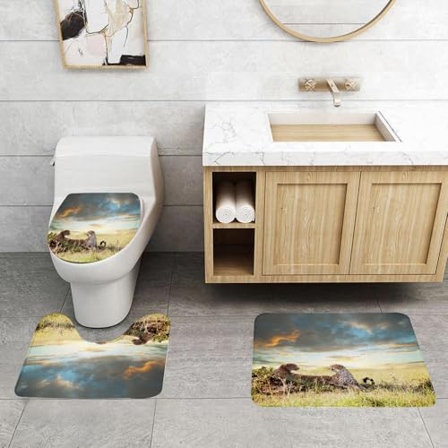QRFASFZO 3 Stück Badematten und WC Vorleger Microfaser Weiches Badteppich badvorleger rutschfest Waschbar Badezimmerteppich Set,Safari-Dekor, Zwei Geparden Afrika Natur Gras gefährliche Tiere Jäger von QRFASFZO