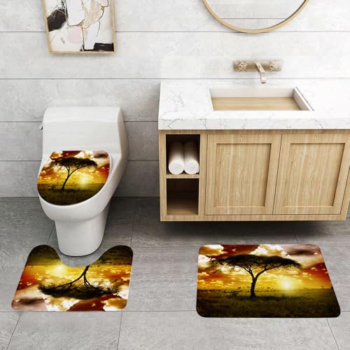 QRFASFZO 3 Stück Badematten und WC Vorleger Microfaser Weiches Badteppich badvorleger rutschfest Waschbar Badezimmerteppich Set,Safari-Dekor, einzelner Baum bei verträumtem afrikanischen Sonnenunter QRFASFZO 3 Stück Badematten und WC Vorleger Microfaser Weiches Badteppich badvorleger rutschfest Waschbar Badezimmerteppich Set,Safari-Dekor, einzelner Baum bei verträumtem afrikanischen Sonnenunter von QRFASFZO
