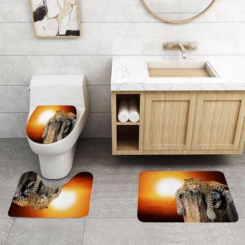 QRFASFZO 3 Stück Badematten und WC Vorleger Microfaser Weiches Badteppich badvorleger rutschfest Waschbar Badezimmerteppich Set,Safari-Kollektion, Leopard auf TRO, weiche, zottelige Badteppiche von QRFASFZO