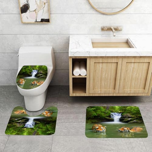 QRFASFZO 3 Stück Badematten und WC Vorleger Microfaser Weiches Badteppich badvorleger rutschfest Waschbar Badezimmerteppich Set,Safari-Set, Sibirische Tiger im Wasser Wasserf80 von QRFASFZO