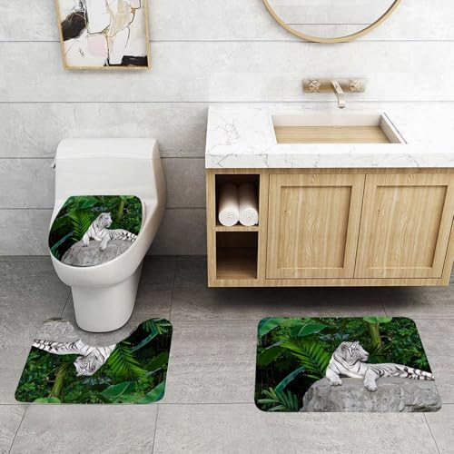 QRFASFZO 3 Stück Badematten und WC Vorleger Microfaser Weiches Badteppich badvorleger rutschfest Waschbar Badezimmerteppich Set,Safari-Set, weißer Tiger auf Stein, Tropische Pflanzen, Blätter J QRFASFZO 3 Stück Badematten und WC Vorleger Microfaser Weiches Badteppich badvorleger rutschfest Waschbar Badezimmerteppich Set,Safari-Set, weißer Tiger auf Stein, Tropische Pflanzen, Blätter J von QRFASFZO