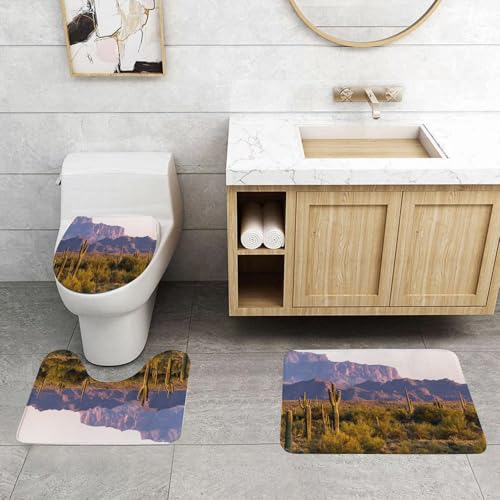 QRFASFZO 3 Stück Badematten und WC Vorleger Microfaser Weiches Badteppich badvorleger rutschfest Waschbar Badezimmerteppich Set,Saguaro-Kaktus-Set, Ariozona-Wüstenlandschaft mit Kakteen und Bergen i von QRFASFZO