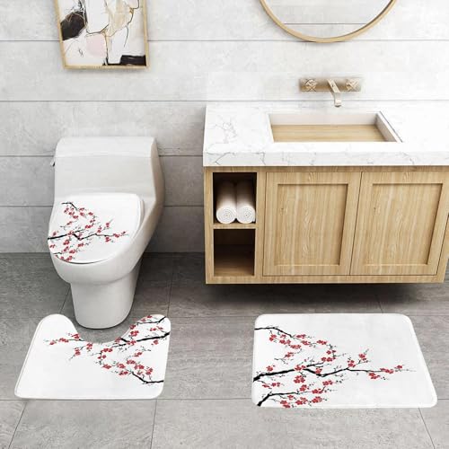 QRFASFZO 3 Stück Badematten und WC Vorleger Microfaser Weiches Badteppich badvorleger rutschfest Waschbar Badezimmerteppich Set,Sakura, EIN zarter Zweig mit kräftigen roten Blüten und schwarzen Zwei QRFASFZO 3 Stück Badematten und WC Vorleger Microfaser Weiches Badteppich badvorleger rutschfest Waschbar Badezimmerteppich Set,Sakura, EIN zarter Zweig mit kräftigen roten Blüten und schwarzen Zwei von QRFASFZO